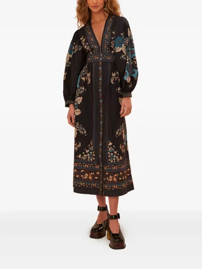 Farm Rio Blossom Tapestry Floral-print Button-front Midi Dress In Black