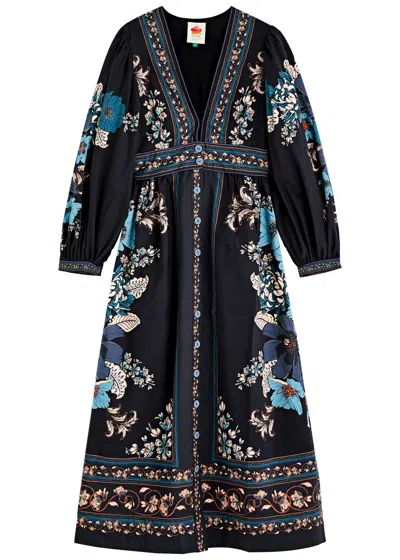 Farm Rio Blossom Tapestry Floral-print Cotton Midi Dress In Black