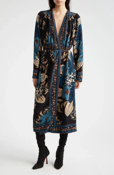 Farm Rio Blossom Tapestry Long Sleeve Wrap Dress In Patterned Black