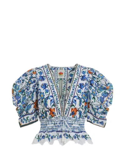 Farm Rio Blouse With Puff Sleeves And Blue Floral Print