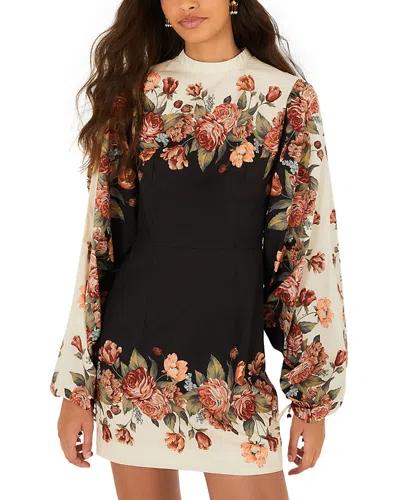 Farm Rio Blouson Sleeve Mock Neck Mini Dress In Black