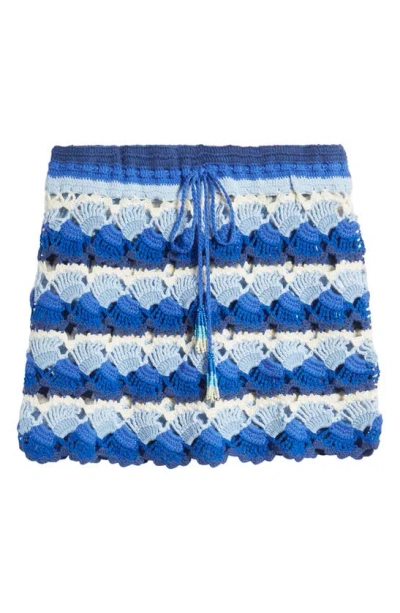 Farm Rio Women's Crocheted Striped Cotton Miniskirt In Blue And White