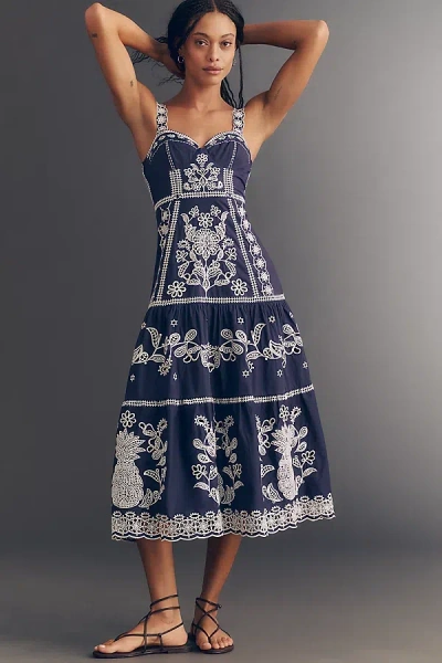 Farm Rio Tiered Embroidered Cotton-poplin Midi Dress In Blue