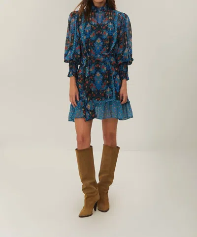 Farm Rio Blue Arabesque Floral High Neck Mini Dress In Arabesque Blue In Multi