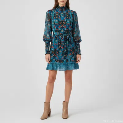 Pre-owned Farm Rio Blue Arabesque Floral Print Crepe Mini Dress Xs