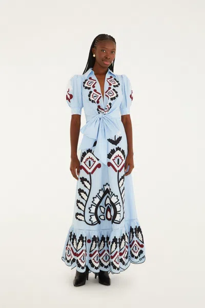 Farm Rio Blue Artisanal Embroidered Lace Front Bow Maxi Dress In Gray