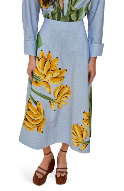 Farm Rio Blue Banana Cocina Stripe Cotton Midi Skirt