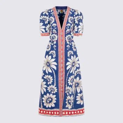 Farm Rio Luna Blue Long Dress With V Neck And All-over Floral Motif In Cotton Woman