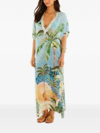 Farm Rio Blue Embroidered Side-slits Maxi Kimono In Multi