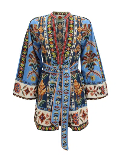 Farm Rio Blue Dress With V-neck And All-over Floral Motif In Fabric Woman In Multi