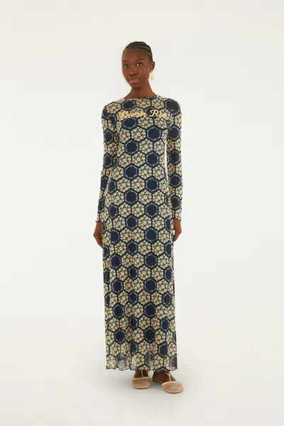 Farm Rio Blue Farm Club Long Sleeve Maxi Dress In Multi