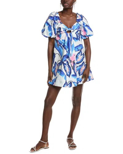 Farm Rio Blue Foliage Off-white Mini Dress In Multi