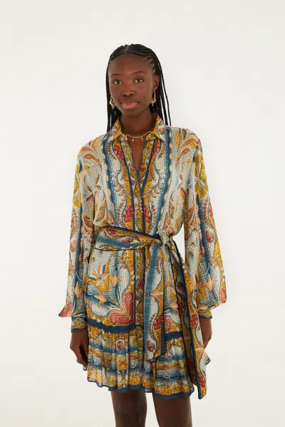 Farm Rio Blue Mosaic Garden Belted Mini Dress In Multi