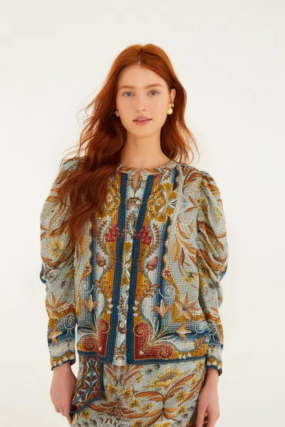 Farm Rio Blue Mosaic Garden Long Sleeve Blouse In Multi