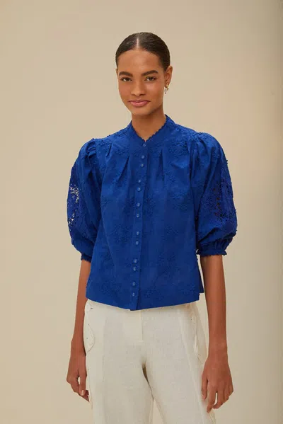Farm Rio Blue Navy 3d Flower Blouse In Navy Blue