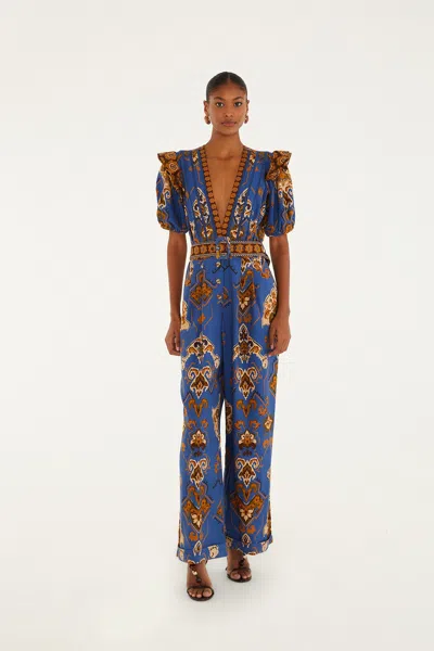 Farm Rio Blue Ornament Floral Jumpsuit