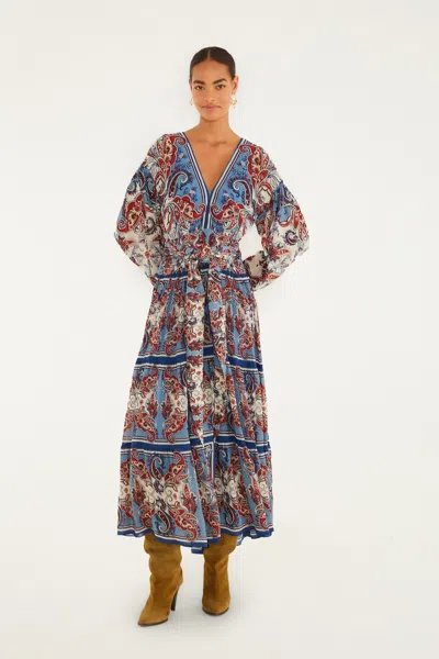 Farm Rio Blue Paisley Scarf Long Sleeve Maxi Dress In Multi