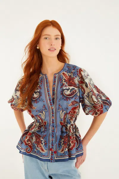 Farm Rio Blue Paisley Scarf Short Sleeve Blouse In Multi