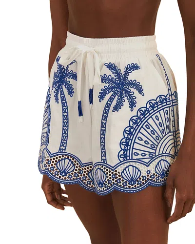 Farm Rio Blue Palm Trees Embroidered Shorts In Off-white