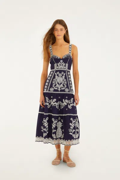 Farm Rio Blue Richelieu Embroidered Organic Cotton Midi Dress