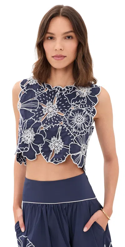 Farm Rio Embroidered Floral Cotton Crop Top In Blue