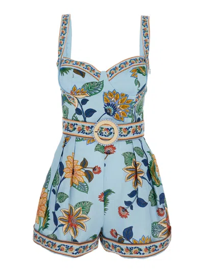 Farm Rio Blue Romper With Belted Waist And All-over Floral Print In Fabric Woman