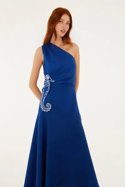 Farm Rio Embroidered Seahorse One-shoulder Linen Dress In Blue