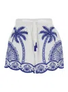 Farm Rio Blue Palm Trees Embroidered Shorts In White