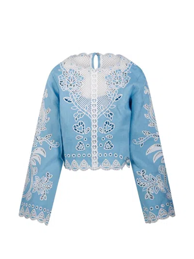 Farm Rio Blue Silk Cut-out Crochet Shirt