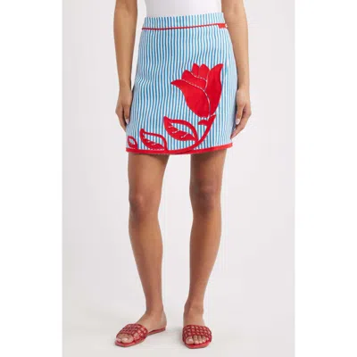 Farm Rio Blue Sky Stripes Floral Appliqué Linen Wrap Miniskirt