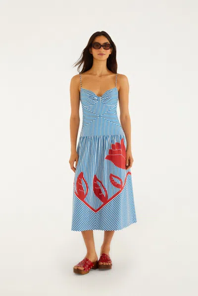 Farm Rio Sky Stripes Blue Sleeveless Midi Dress Sky Stripes Blue