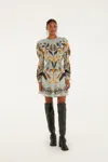 Farm Rio Blue Snake Garden Long Sleeve Mini Dress In Gray