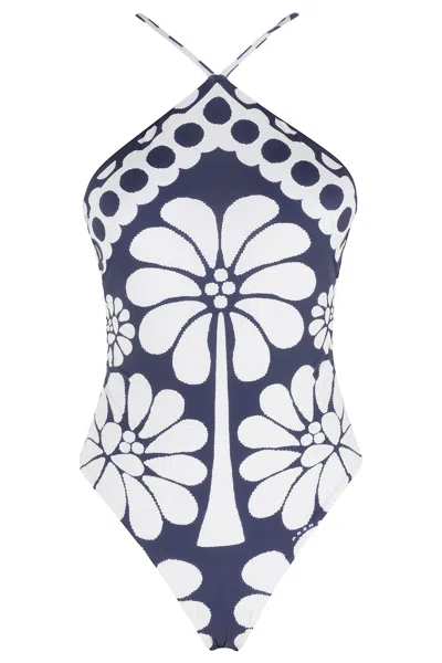 Farm Rio Blue White Palermo Printed Polyamide One-piece Swimsuit In Multi