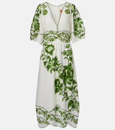 Farm Rio Blue Yard Linen-blend Midi Dress In White