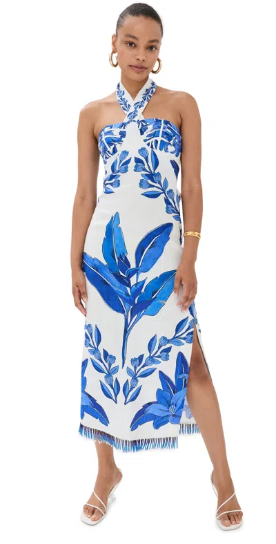 Farm Rio Blue Yard Bead-embellished Floral-print Linen Halterneck Maxi Dress In Blue Yard Off-white