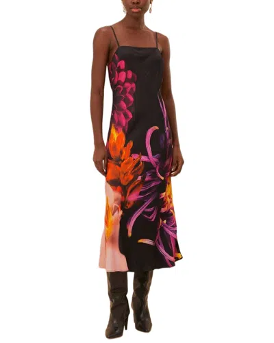 Farm Rio Floral-print Satin Midi Slip Dress In Black