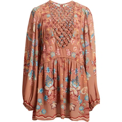 Farm Rio Boho Enchance Long Sleeve Floral Minidress In Brown