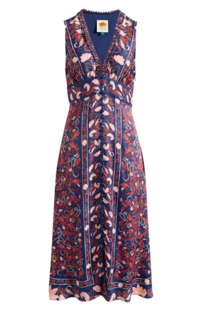 Farm Rio Boho Floral Scarf Print Sleeveless Midi Dress In Navy