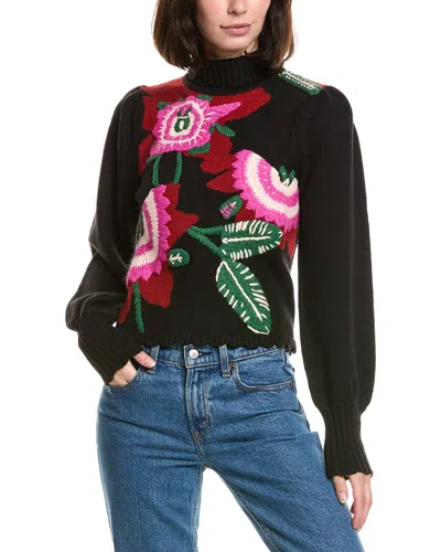 Farm Rio Bold Colorful Flower Knit Wool-blend Sweater In Black