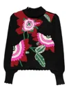 Farm Rio Mock-neck Embroidered Pullover Sweater In Black