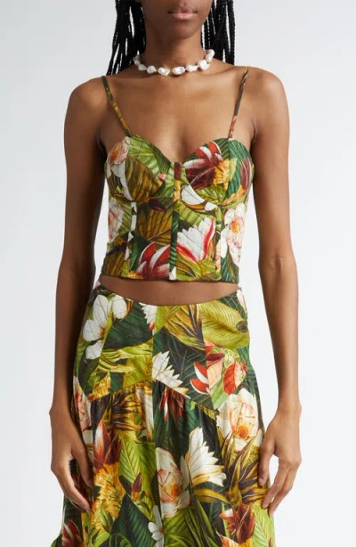 Farm Rio Botanical Forest Convertible Strap Linen Blend Corset Top In Botanical Forest Mul