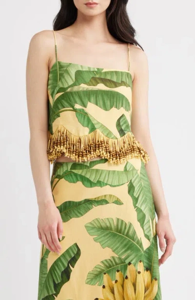 Farm Rio Botanical Fruit Print Beaded Fringe Midi Skirt In Multi