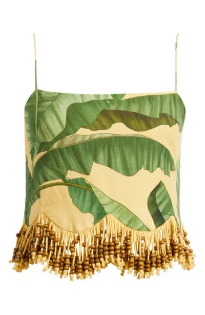 Farm Rio Botanical Fruit Print Beaded Fringe Top In Green