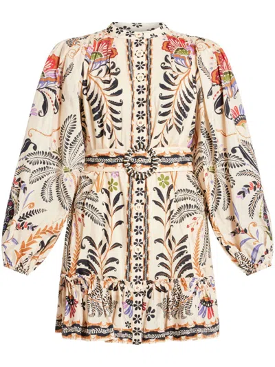 Farm Rio Printed Cotton-blend Mini Dress In Neutral