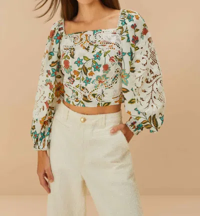 FARM RIO BOTANICALS LACE BLOUSE IN OFF-WHITE