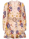 Farm Rio 'beauty Bouquet' Multicolor Mini Dress With Lace Collar And All-over Floral Print In Pink