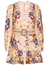 Farm Rio 'beauty Bouquet' Multicolor Mini Dress With Lace Collar And All-over Floral Print In Pink