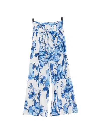 Farm Rio Bow Floral Print Trousers In Blue
