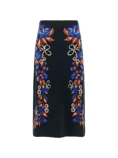 Farm Rio Bow Garden Knit Intarsia Midi Skirt In Black