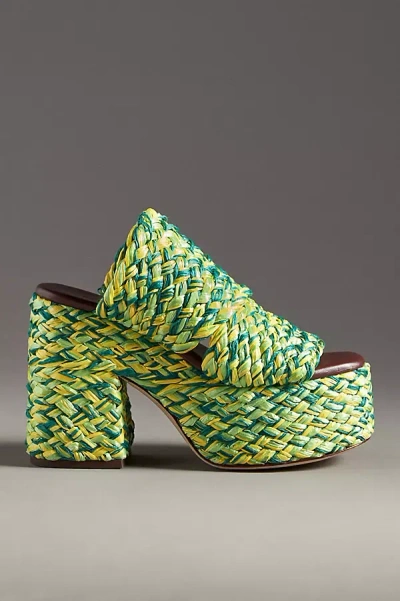 Farm Rio Braided Raffia Platform Slide Sandals In Green